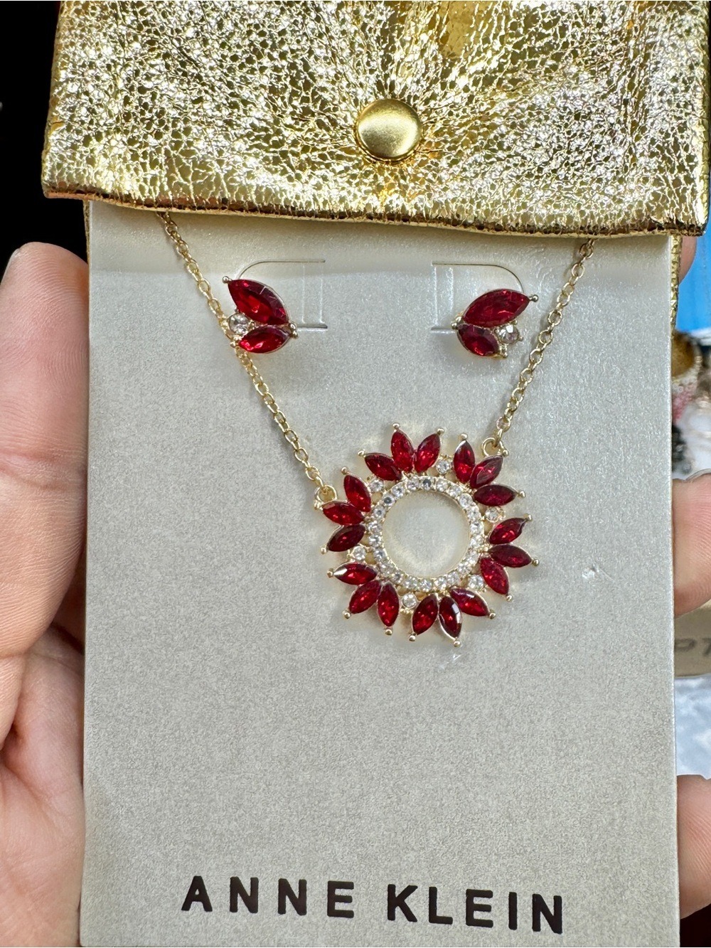 Anne Klein Gold-Tone Necklace & Earrings with Red Crystal Sunburst - Picture 3 of 3